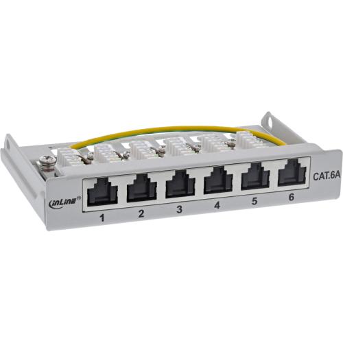 Preview: Patchpanel Cat.6A – 6-fach, 0,5HE, Tisch/Wand/Hutschiene, grau, mit Staubschutz