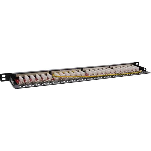 Preview: Patchpanel Cat.6A – 24-fach, 19" (48,26 cm), 0,5HE, schwarz, mit Staubschutz
