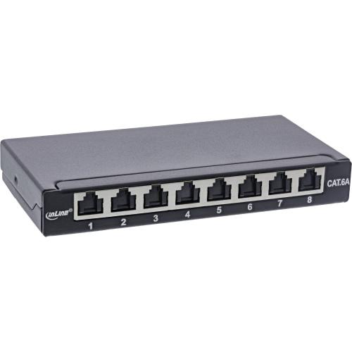 Patchpanel Cat.6A – 8-fach, 0,5HE, Tisch/Wand/Hutschiene, schwarz, mit Staubschutz