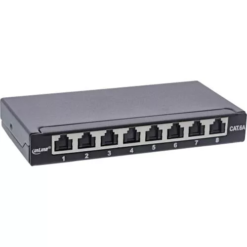 Patchpanel Cat.6A – 8-fach, 0,5HE, Tisch/Wand/Hutschiene, schwarz, mit Staubschutz