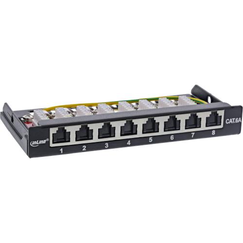 Preview: Patchpanel Cat.6A – 8-fach, 0,5HE, Tisch/Wand/Hutschiene, schwarz, mit Staubschutz