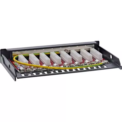 Patchpanel Cat.6A – 8-fach, 0,5HE, Tisch/Wand/Hutschiene, schwarz, mit Staubschutz