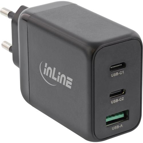 Preview: USB PD Netzteil – GaN Ladegerät, 3-Port (Dual USB-C + USB-A), 65W, schwarz