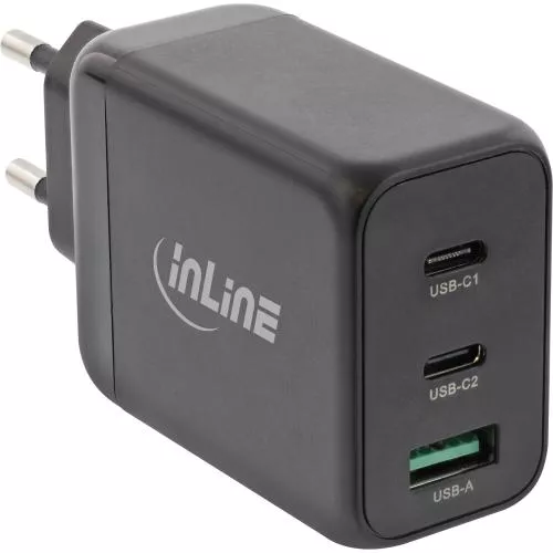 InLine® USB PD Netzteil, GaN Ladegerät, 3-Port, Dual USB-C + USB-A, 65W, schwarz