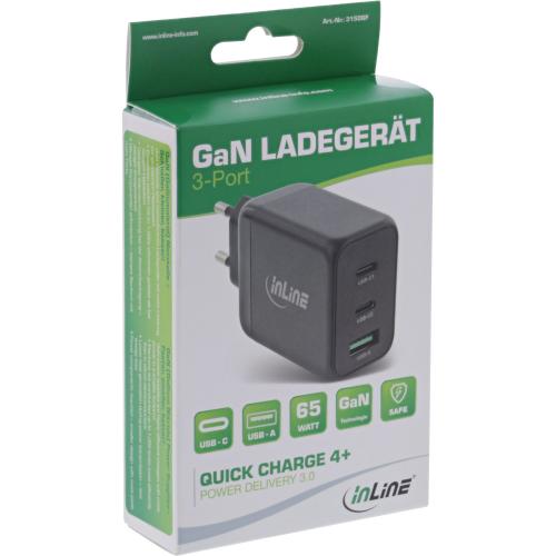 Preview: USB PD Netzteil – GaN Ladegerät, 3-Port (Dual USB-C + USB-A), 65W, schwarz