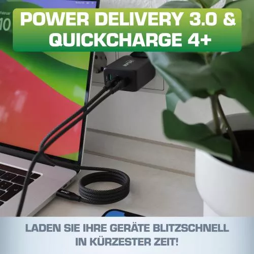 USB PD Netzteil – GaN Ladegerät, 3-Port (Dual USB-C + USB-A), 65W, schwarz