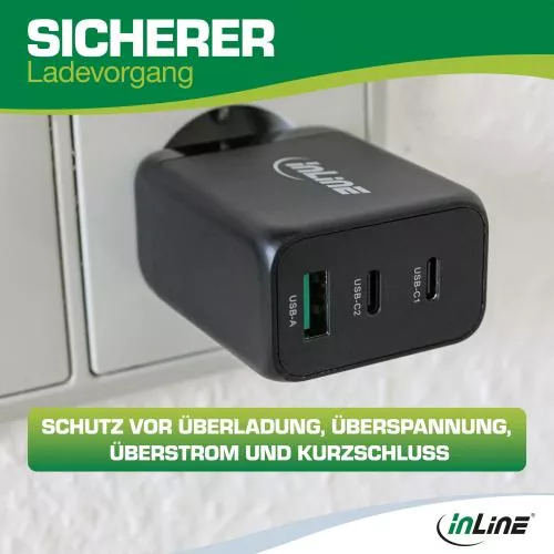 USB PD Netzteil – GaN Ladegerät, 3-Port (Dual USB-C + USB-A), 65W, schwarz