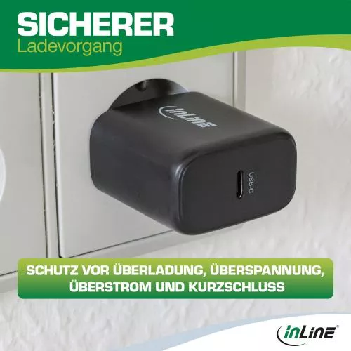 InLine® USB PD Netzteil, GaN Ladegerät, Single USB-C, Power Delivery, 65W, schwarz