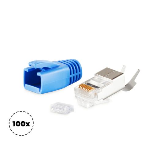 RJ45 Crimpstecker Verlegekabel AWG 23 – geschirmt – 100er Set Blau (Cat.5–Cat.7)