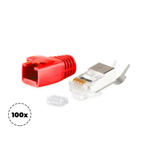 RJ45 Crimpstecker Verlegekabel AWG 23 – geschirmt – 100er Set Rot (Cat.5–Cat.7)