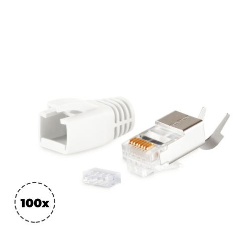 RJ45 Crimpstecker Verlegekabel AWG 23 – geschirmt – 100er Set Weiß (Cat.5–Cat.7)