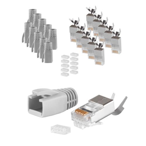 RJ45 Crimpstecker Verlegekabel AWG 23 – geschirmt – 10er Set Grau (Cat.5–Cat.7)