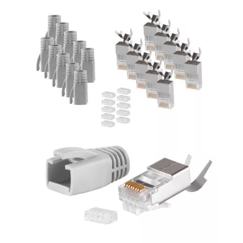 RJ45 Crimpstecker Verlegekabel AWG 23 – geschirmt – 10er Set Grau (Cat.5–Cat.7)