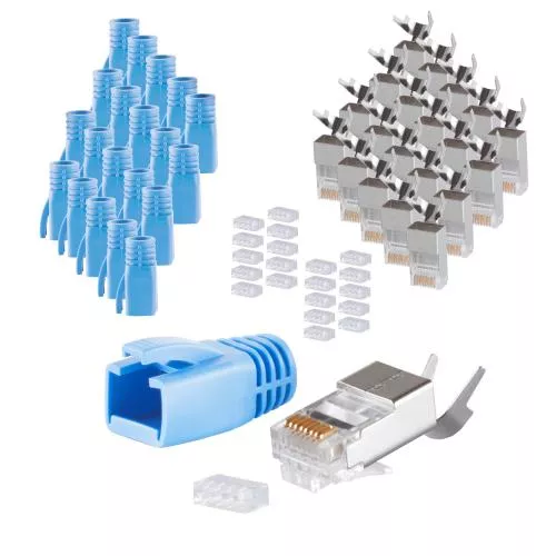 RJ45 Crimpstecker Verlegekabel AWG 23 – geschirmt – 20er Set Blau (Cat.5–Cat.7)