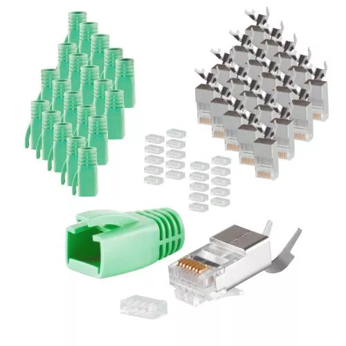 RJ45 Crimpstecker Verlegekabel AWG 23 – geschirmt – 20er Set Grün (Cat.5–Cat.7)