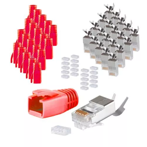RJ45 Crimpstecker Verlegekabel AWG 23 – geschirmt – 20er Set Rot (Cat.5–Cat.7)
