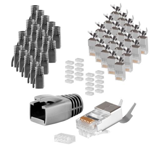 RJ45 Crimpstecker Verlegekabel AWG 23 – geschirmt – 20er Set Schwarz (Cat.5–Cat.7)
