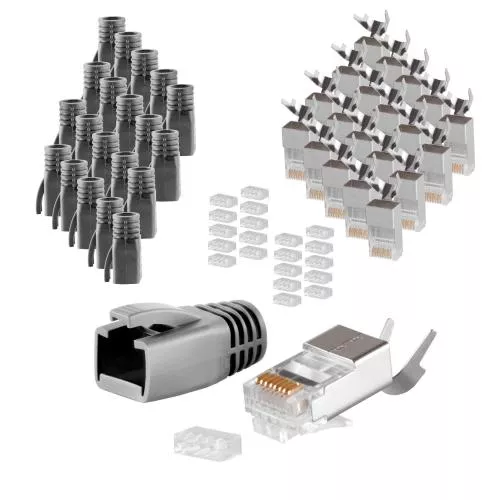 RJ45 Crimpstecker Verlegekabel AWG 23 – geschirmt – 20er Set Schwarz (Cat.5–Cat.7)
