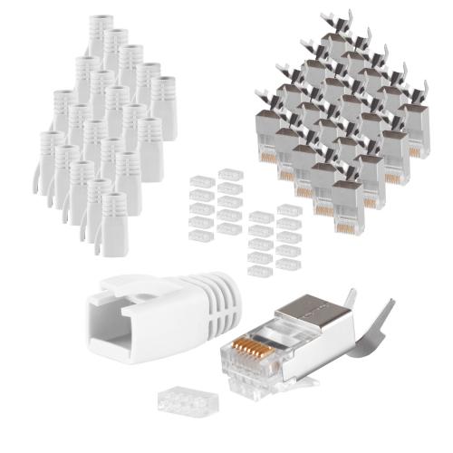 RJ45 Crimpstecker Verlegekabel AWG 23 – geschirmt – 20er Set Weiß (Cat.5–Cat.7)