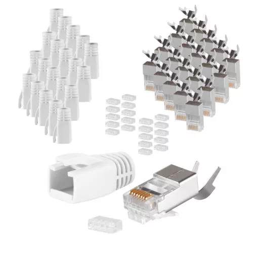 RJ45 Crimpstecker Verlegekabel AWG 23 – geschirmt – 20er Set Weiß (Cat.5–Cat.7)