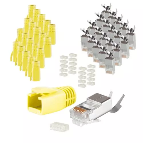 RJ45 Crimpstecker Verlegekabel AWG 23 – geschirmt – 20er Set Gelb (Cat.5–Cat.7)