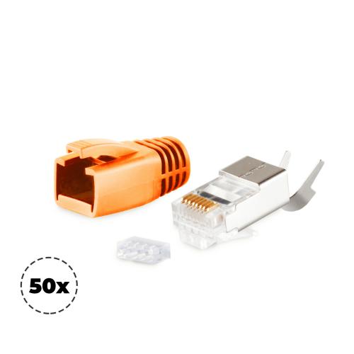 RJ45 Crimpstecker Verlegekabel AWG 23 – geschirmt – 50er Set Orange (Cat.5–Cat.7)
