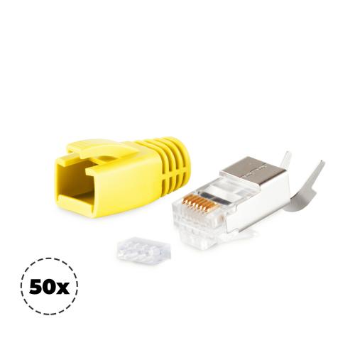 RJ45 Crimpstecker Verlegekabel AWG 23 – geschirmt – 50er Set Gelb (Cat.5–Cat.7)