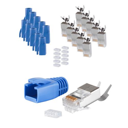 RJ45 Crimpstecker Verlegekabel AWG 23 – geschirmt – 10er Set Blau (Cat.5–Cat.7)