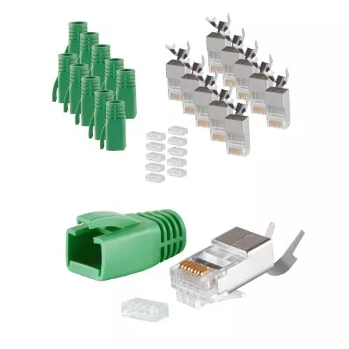 RJ45 Crimpstecker Verlegekabel AWG 23 – geschirmt – 10er Set Grün (Cat.5–Cat.7)