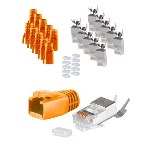 RJ45 Crimpstecker Verlegekabel AWG 23 – geschirmt – 10er Set Orange (Cat.5–Cat.7)