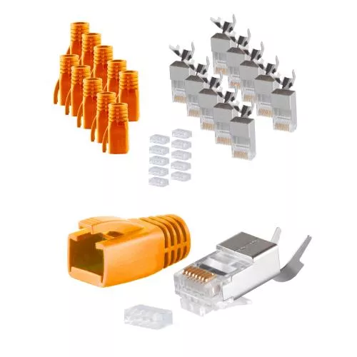 RJ45 Crimpstecker Verlegekabel AWG 23 – geschirmt – 10er Set Orange (Cat.5–Cat.7)