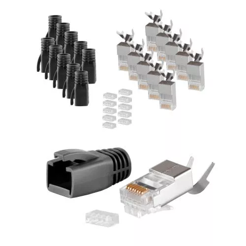 RJ45 Crimpstecker Verlegekabel AWG 23 – geschirmt – 10er Set Schwarz (Cat.5–Cat.7)