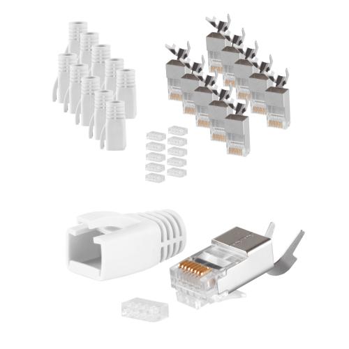 RJ45 Crimpstecker Verlegekabel AWG 23 – geschirmt – 10er Set Weiß (Cat.5–Cat.7)