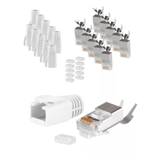 RJ45 Crimpstecker Verlegekabel AWG 23 – geschirmt – 10er Set Weiß (Cat.5–Cat.7)