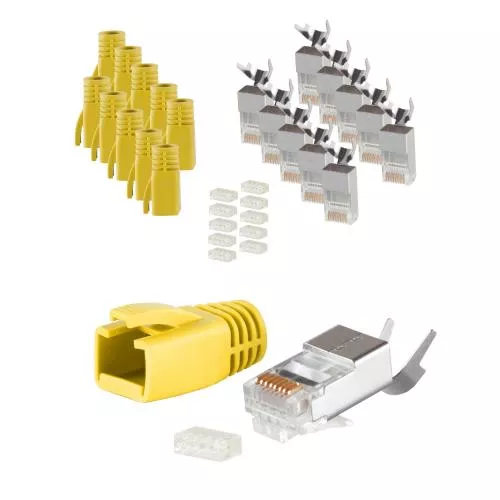 RJ45 Crimpstecker Verlegekabel AWG 23 – geschirmt – 10er Set Gelb (Cat.5–Cat.7)