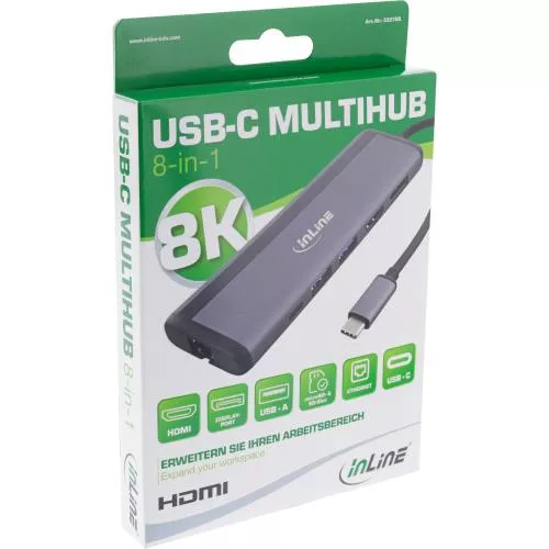 InLine® 8-in-1 USB-C Multihub Dockingstation, HDMI, DisplayPort, USB 3.2, PD 3.0 100W, MST
