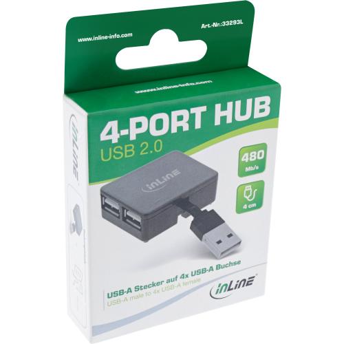 Preview: InLine® USB 2.0 Hub, 4 Port, schwarz, Kabel 30cm, schmale Bauform