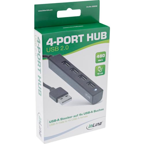 Preview: InLine® USB 2.0 Hub, 4 Port, schwarz, Kabel 30cm, schmale Bauform