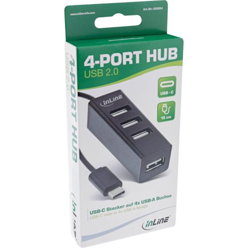Preview: InLine® USB 2.0 Hub, 4 Port, schwarz, Kabel 30cm, schmale Bauform