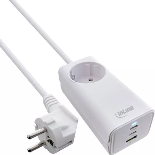 InLine® USB Netzteil, 65W Ladegerät, 2x USB-C + 1x USB-A, mit Schutzkontaktbuchse und 1,5m Kabel, PD3.0 PPS GaN, weiß