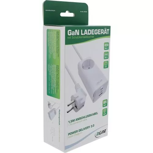 InLine® USB Netzteil, 65W Ladegerät, 2x USB-C + 1x USB-A, mit Schutzkontaktbuchse und 1,5m Kabel, PD3.0 PPS GaN, weiß