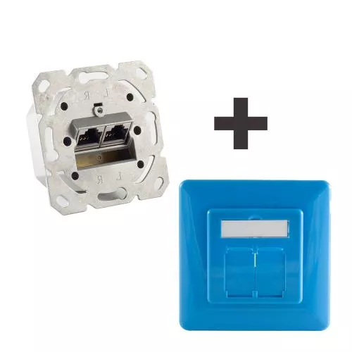 Netzwerkdose Cat.6A Unterputz 2-fach, vollgeschirmt, LSA, horizontale Kabelführung, inkl. Zentralstück & Abdeckrahmen, Blau