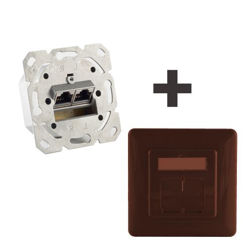 Netzwerkdose Cat.6A Unterputz 2-fach, vollgeschirmt, LSA, horizontale Kabelführung, inkl. Zentralstück & Abdeckrahmen, Braun