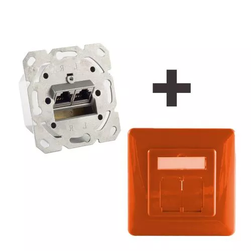 Netzwerkdose Cat.6A Unterputz 2-fach, vollgeschirmt, LSA, horizontale Kabelführung, inkl. Zentralstück & Abdeckrahmen, Orange