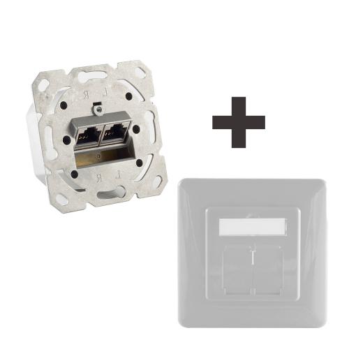 Netzwerkdose Cat.6A Unterputz 2-fach, vollgeschirmt, LSA, horizontale Kabelführung, inkl. Zentralstück & Abdeckrahmen, Perlweiß