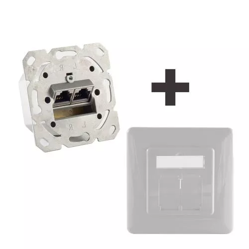 Netzwerkdose Cat.6A Unterputz 2-fach, vollgeschirmt, LSA, horizontale Kabelführung, inkl. Zentralstück & Abdeckrahmen, Perlweiß
