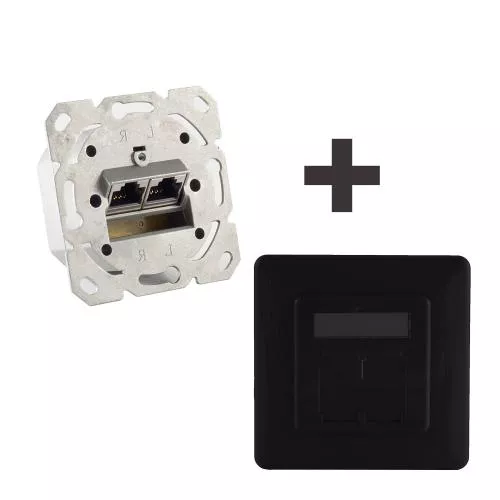 Netzwerkdose Cat.6A Unterputz 2-fach, vollgeschirmt, LSA, horizontale Kabelführung, inkl. Zentralstück & Abdeckrahmen, Schwarz