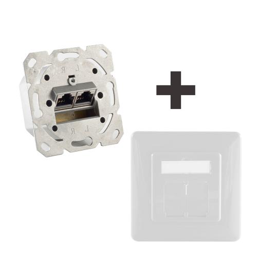 Netzwerkdose Cat.6A Unterputz 2-fach, vollgeschirmt, LSA, horizontale Kabelführung, inkl. Zentralstück & Abdeckrahmen, Signalweiß