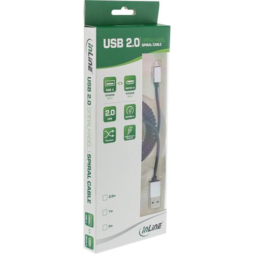 InLine® USB 2.0 Spiral Kabel A an Micro B schwarz Alu flexibel