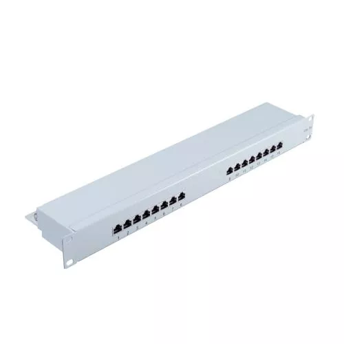 Patchpanel Cat.5e – 16 Port – geschirmt – 19 Zoll – 1 HE – lichtgrau